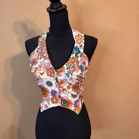 Willow Tops - Willow Root Floral Wrap Halter Top Retro Summer Boho Festival Crop Tank Large